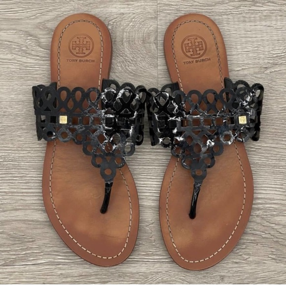 Tory Burch Davy laser cut thong sandal Black Patent Leather size 8 - Picture 7 of 9
